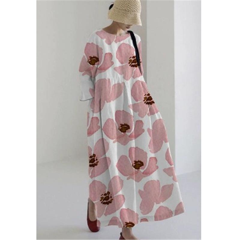 2026 summer new European and American women s clothing loose round neck printing long sleeve big swing dress S