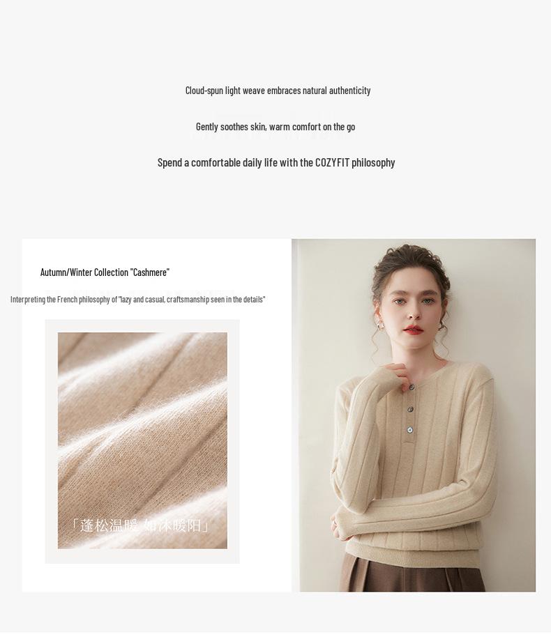 Elegant & Chic: Women's 25% Cashmere Button-Up Knit Sweater - Versatile Round Neck Base Layer