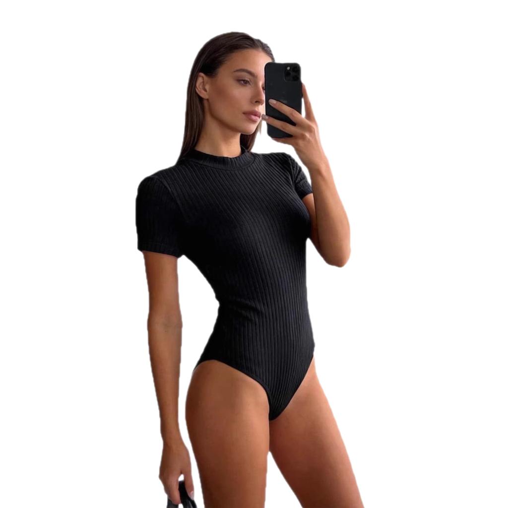 Guangzhou Source Factory, Black Ribbed Short-sleeved Onesie, Medium Collar Slim and Thin Bottom T-shirt, Cross-border Special