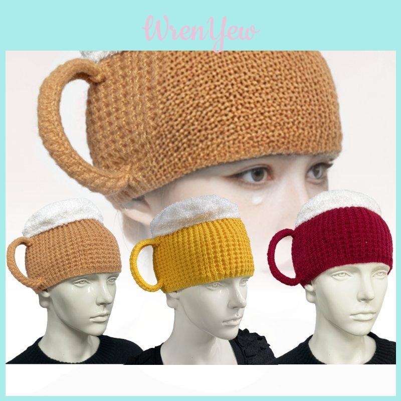 Trendy 3d Beer Cup Knitted Beanie Hat For Winter Warmth In Yellow Wine Red And Khaki