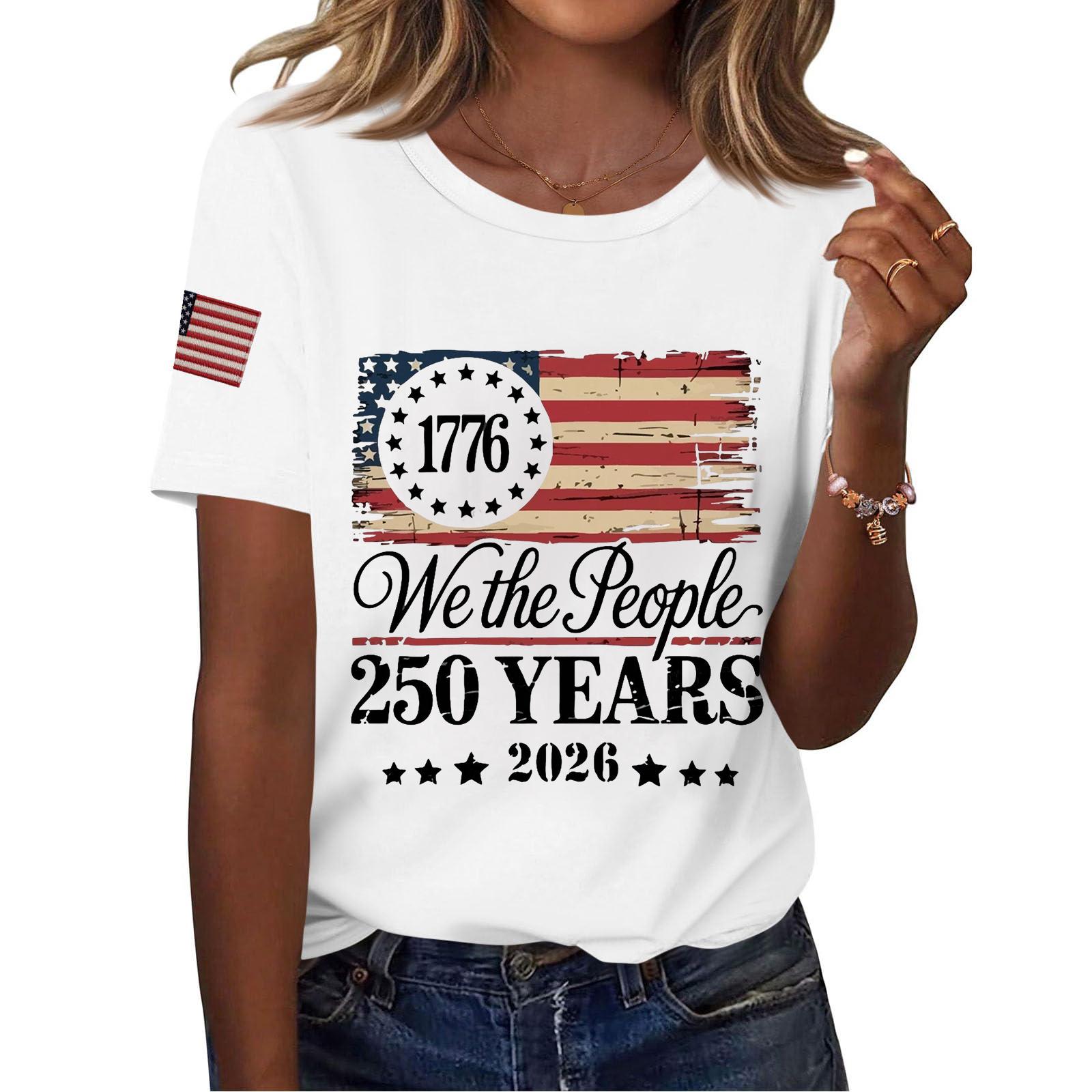 

Women Casual Independence Day Print Crew Neck Short Sleeve T-Shirt Top Lightweight Comfortable Fit Stylish Design Summer Wear M білий