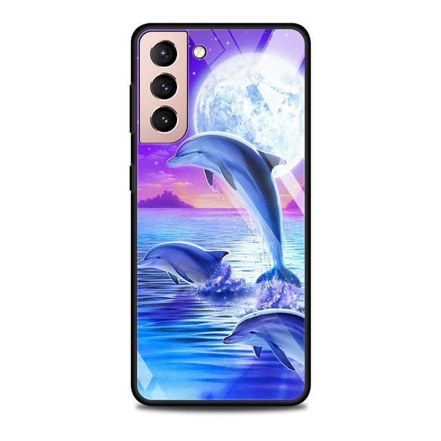 Blue Sea Animal Cute Dolphin Glass Case For Samsung Galaxy S21 S20 Ultra S10 Plus Lite S20fe 5g S10e S9 S8 Bumper Cover Funda