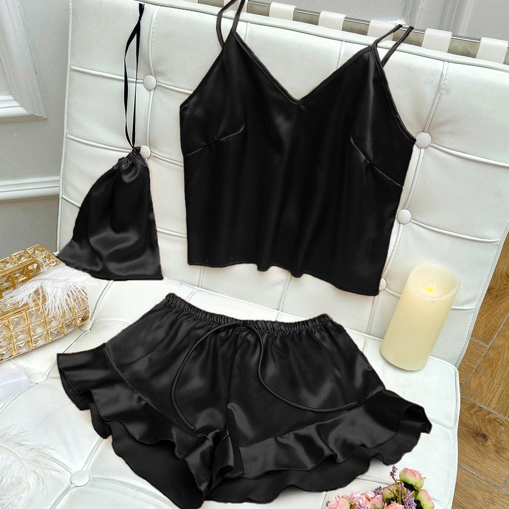 Female Sleepwear Pajamas Three-Piece Set Spring Summer Kimono Bathrobe Strap Top&Shorts Pijamas Suit Sexy Loose Satin Home Wear