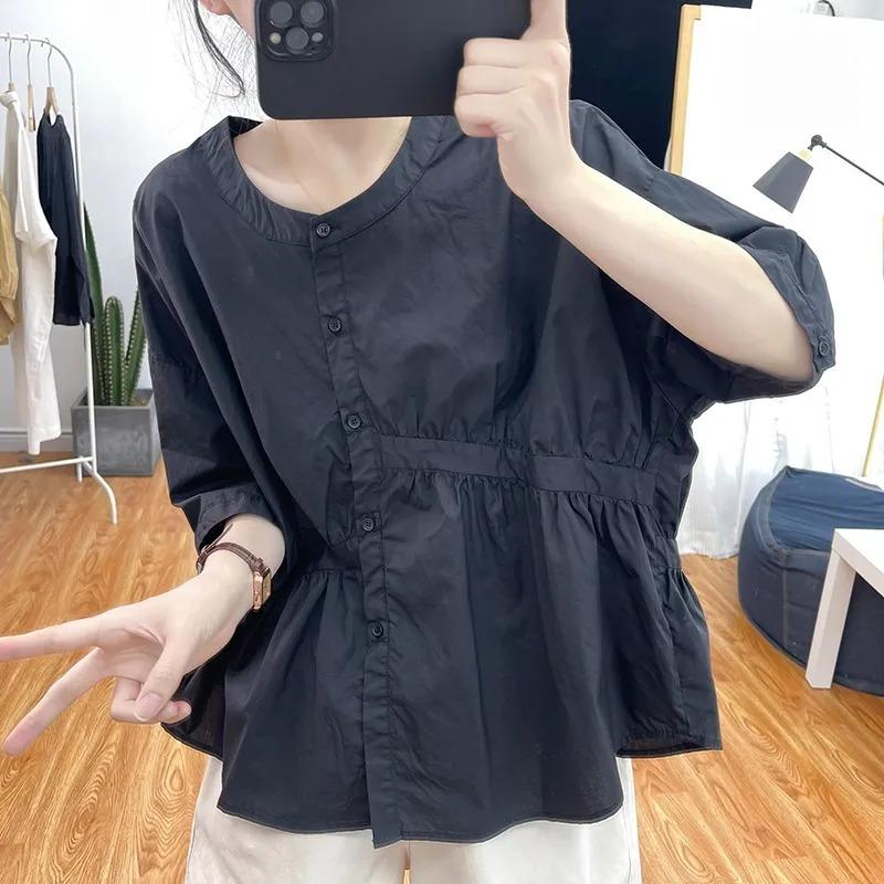 

Women s Summer Ruffle Hem Button Front Blouse Loose Puff Sleeve Shirt M чёрный