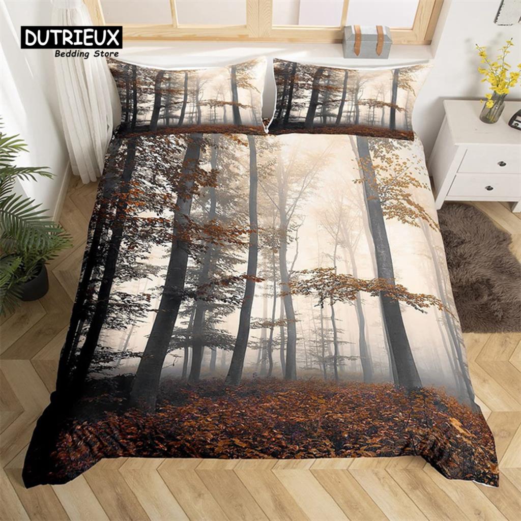 Dense Birch Trees with Red Leaves Duvet Cover Tree Lush King Bedding Set Polyester Jungle Nature Botanical Print Comforter Cover