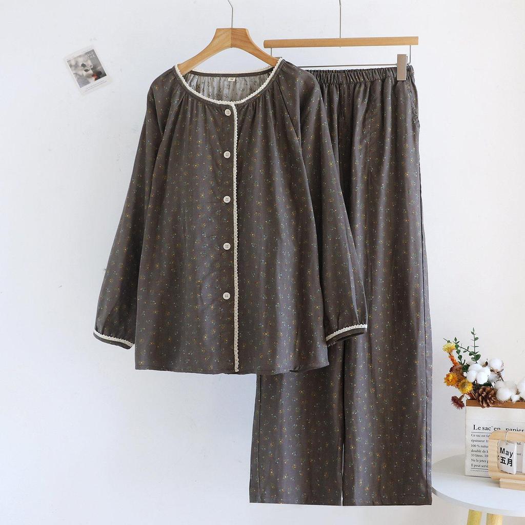 Women's Forest Floral Cotton Pajama Set - Long-Sleeve Gauze Cardigan, Sweet & Loose Nightgown for Spring & Autumn.