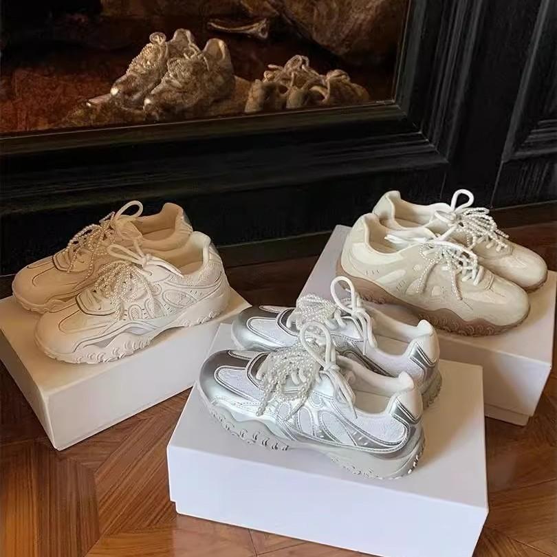 Cowhide Version~ Su Yinyin's Same Crescent Sole Thick Sole Inner Heightening Lace Pearl Casual Moral Training Shoes Women's Forrest Gump Shoes