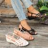 Fashion Roman Woven Sandals Women's Summer Vintage Round Toe Open Toe Cutout Flat Soft Sole Versatile Kitten Heel Fish Mouth Shoes