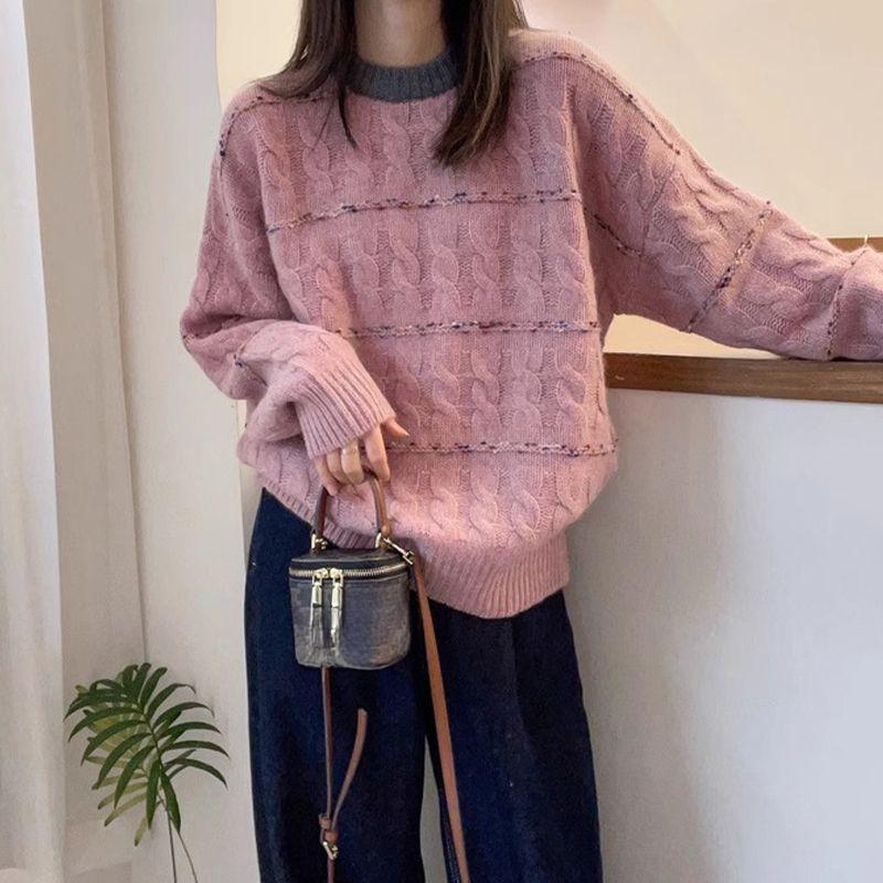 Women's Autumn & Winter Korean Style Long-Sleeve Loose Sweater Pullover Contrast Color Unique Cable-Knit Crew Neck Knit Base Layer Top