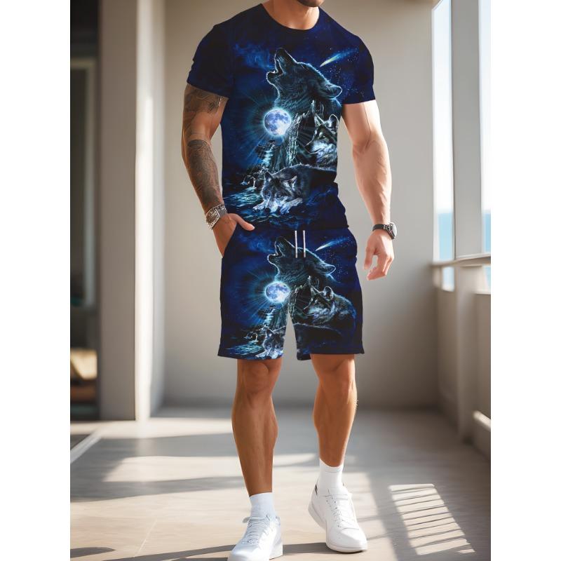 Men s Loose Fit Holiday Outfit: Short Sleeve Tee with Digital Wolf Print & Comfortable Shorts. Stylish Summer Look for Beach & Vacation S разноцветный