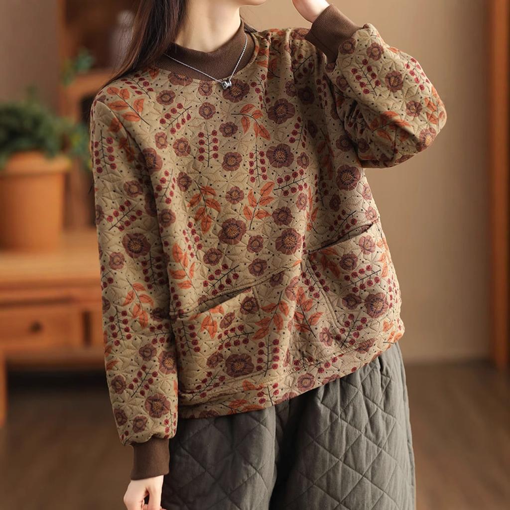 Vintage Tryck Bomull Linne Dam Sweatshirt Mode Patchwork Förtjockad Lös Fickor Litterär Elegant Enkel Mysig Dam Pullover