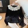 2025 Fall/Winter French-Inspired Velvet Top with Beaded Lace Trim and Long Sleeves