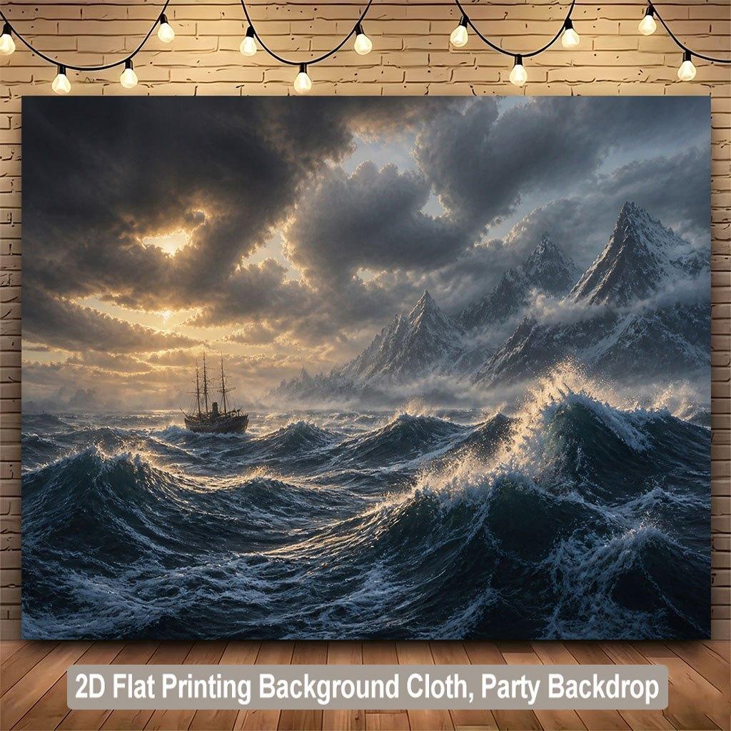 1 piece of 2D flat background fabric banner depicting a solitary ship in the turbulent sea.PMJ