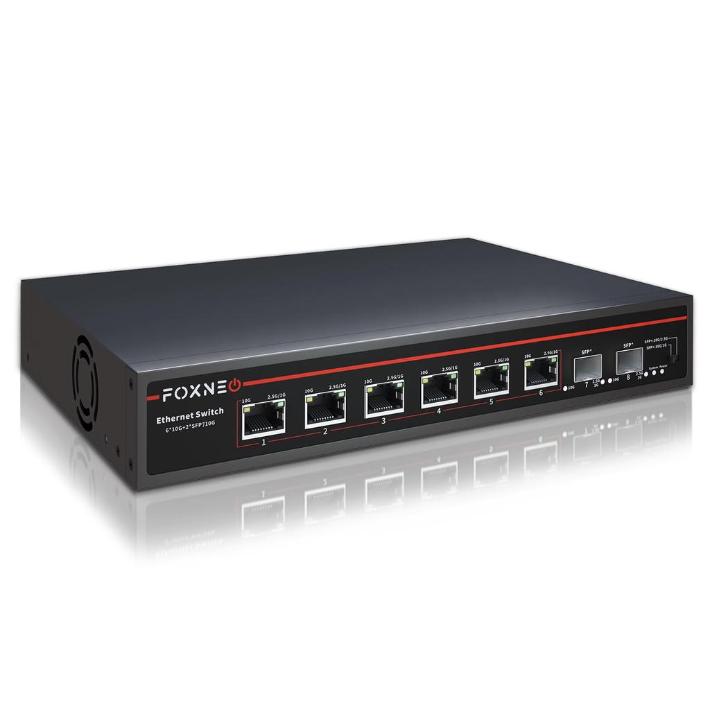 FOXNEO 10gbps Switching Hub Equipped with 8 Ports and 10G Switching Hub for Individuals and Homes Equipped with VLAN Function 10Gb Auto Negotiation