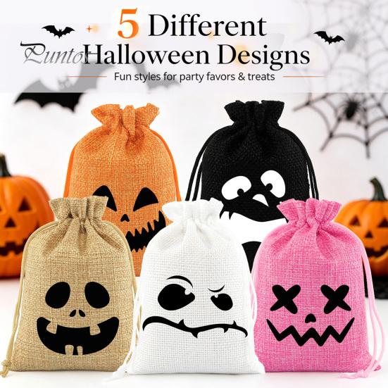 Decorative Gift Packaging 5Pcs Halloween Candy Bags with Drawstring, Funny Ghost Pumpkin Print Pouches Small Cloth Storage for Party Favors And Trick