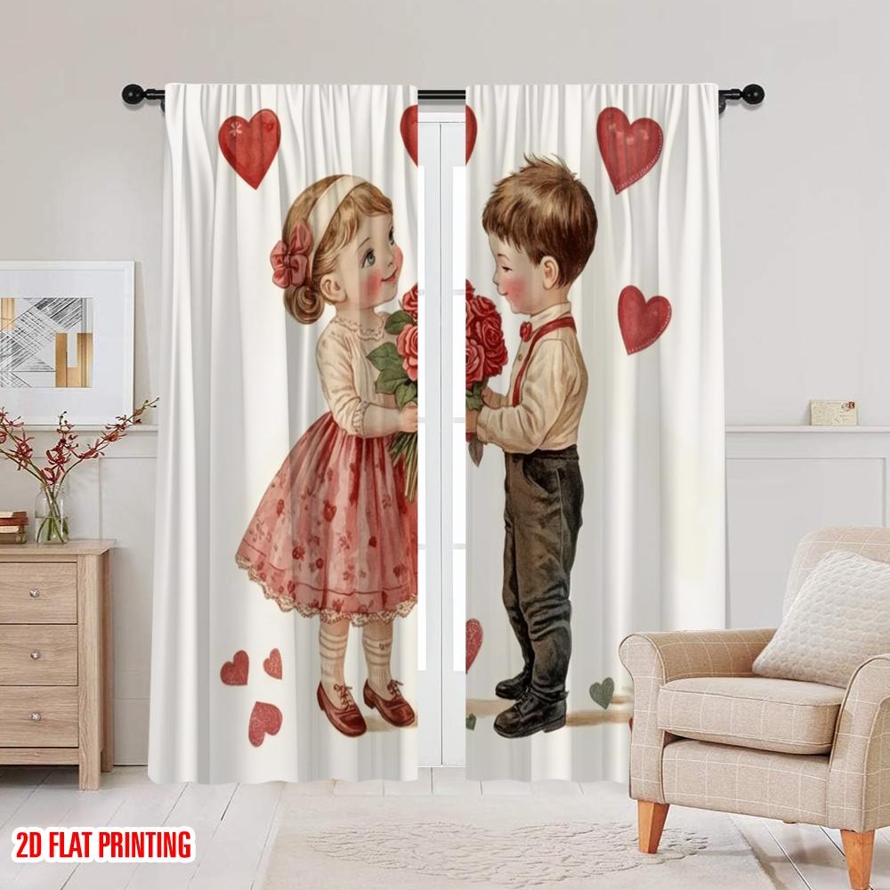 2 Stück, 2D-Flachdruck Minimalistische Vorhänge Vintage Valentinstag Polyestergewebe (ohne Stange) Heimdeko Perfekt für Schlafzimmer,