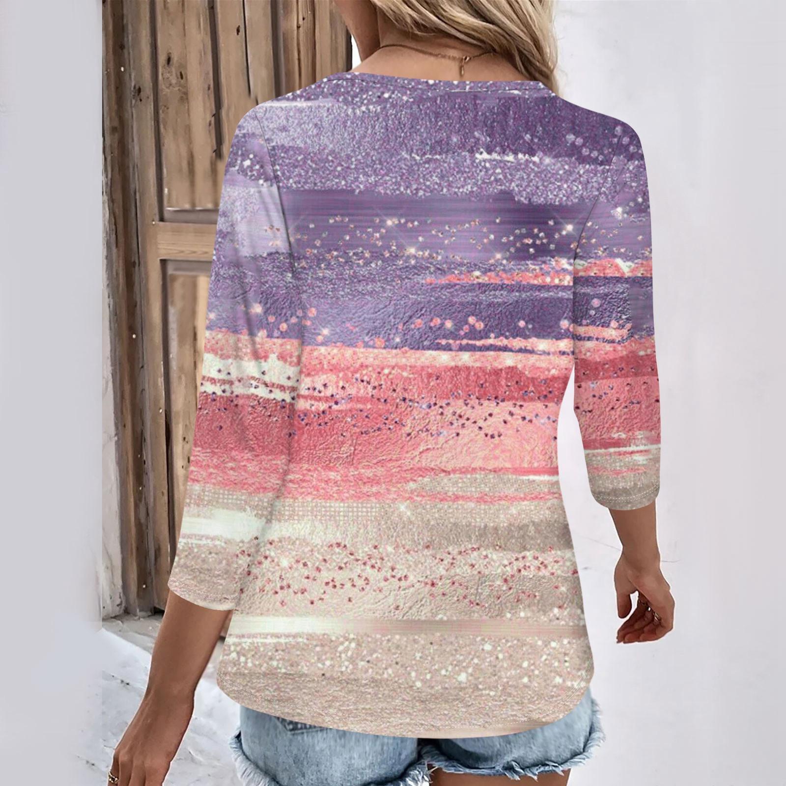 Женские повседневные футболки с рукавом 3/4 для выходных с V-образным вырезом и принтом — фото 4