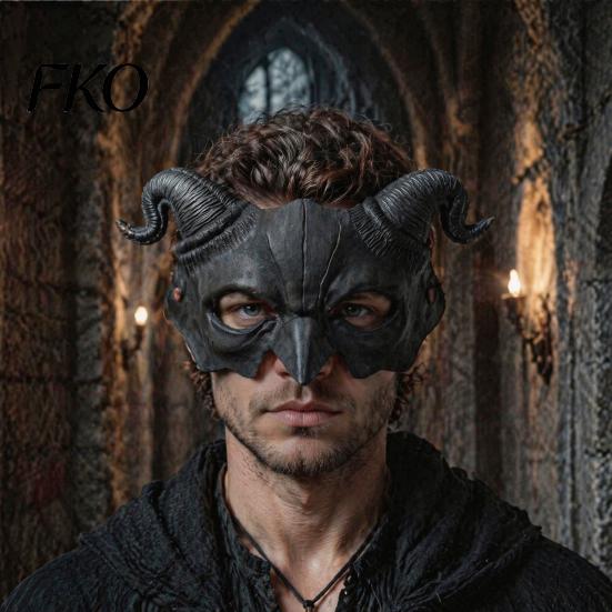 Gothic Demon Mask Halloween Ram Horn Mask, Horror Devil Half Face Lightweight Masquerade for Cosplay Costume Party