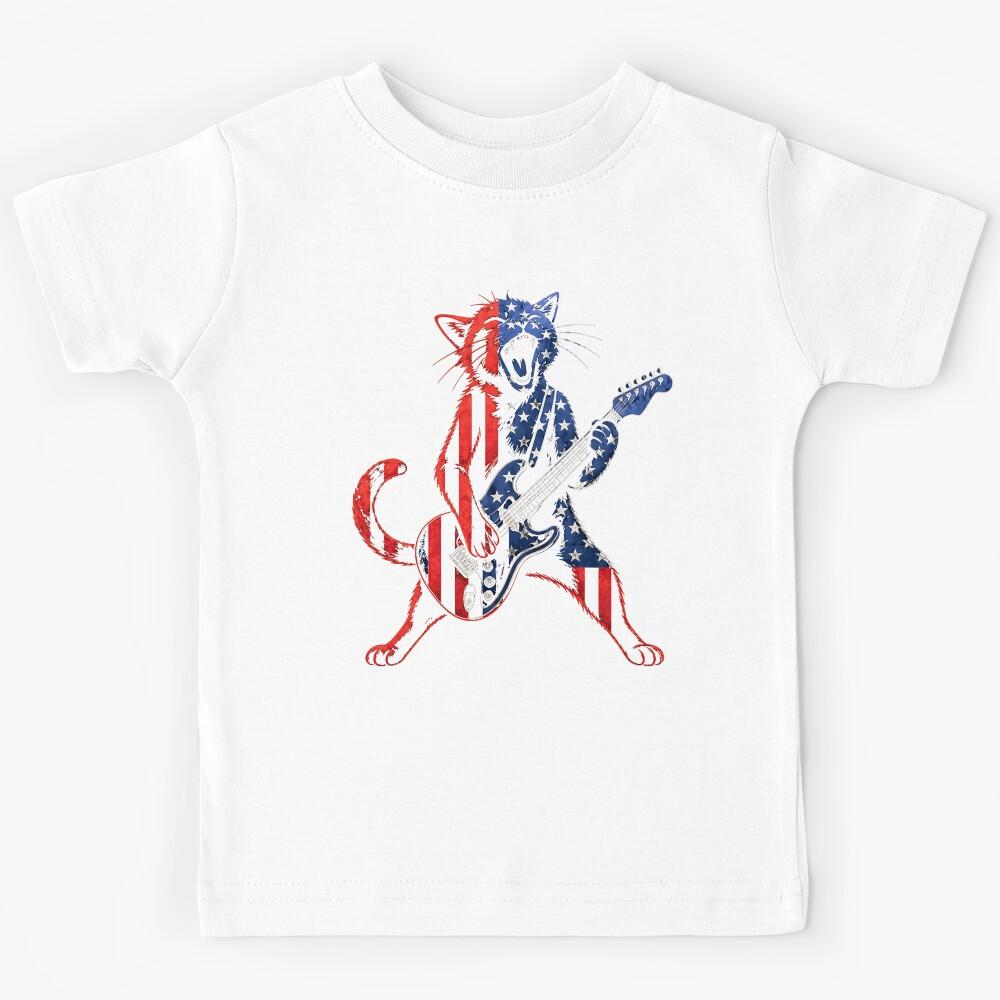 Patriotic Cat Playing Guitar Rock n Roll Band USA Flag Kids T-Shirt 140