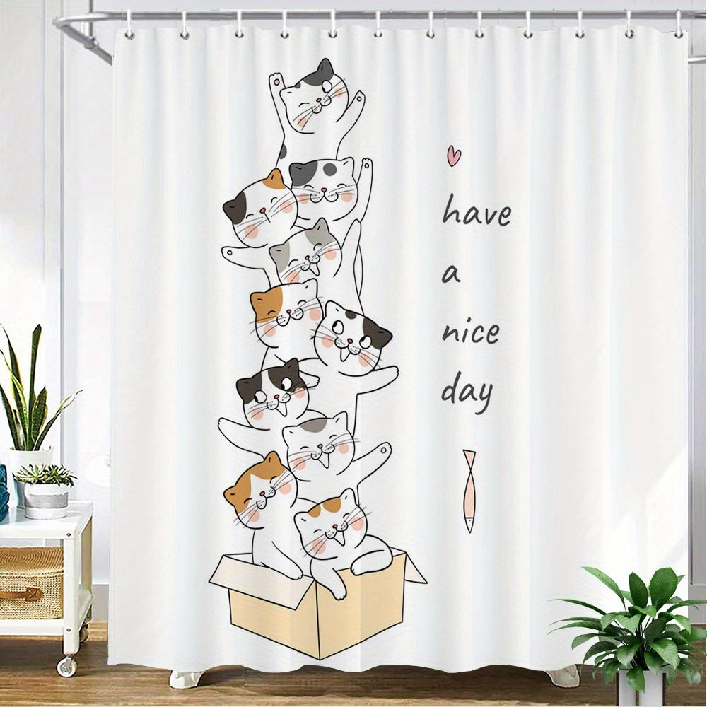 

Stacked Cats Shower Curtain – Hand-Drawn Cartoon Felines In Box With Have A Nice Day Text On White Background, 12 Hooks W60H190(CM)-1 Pcs