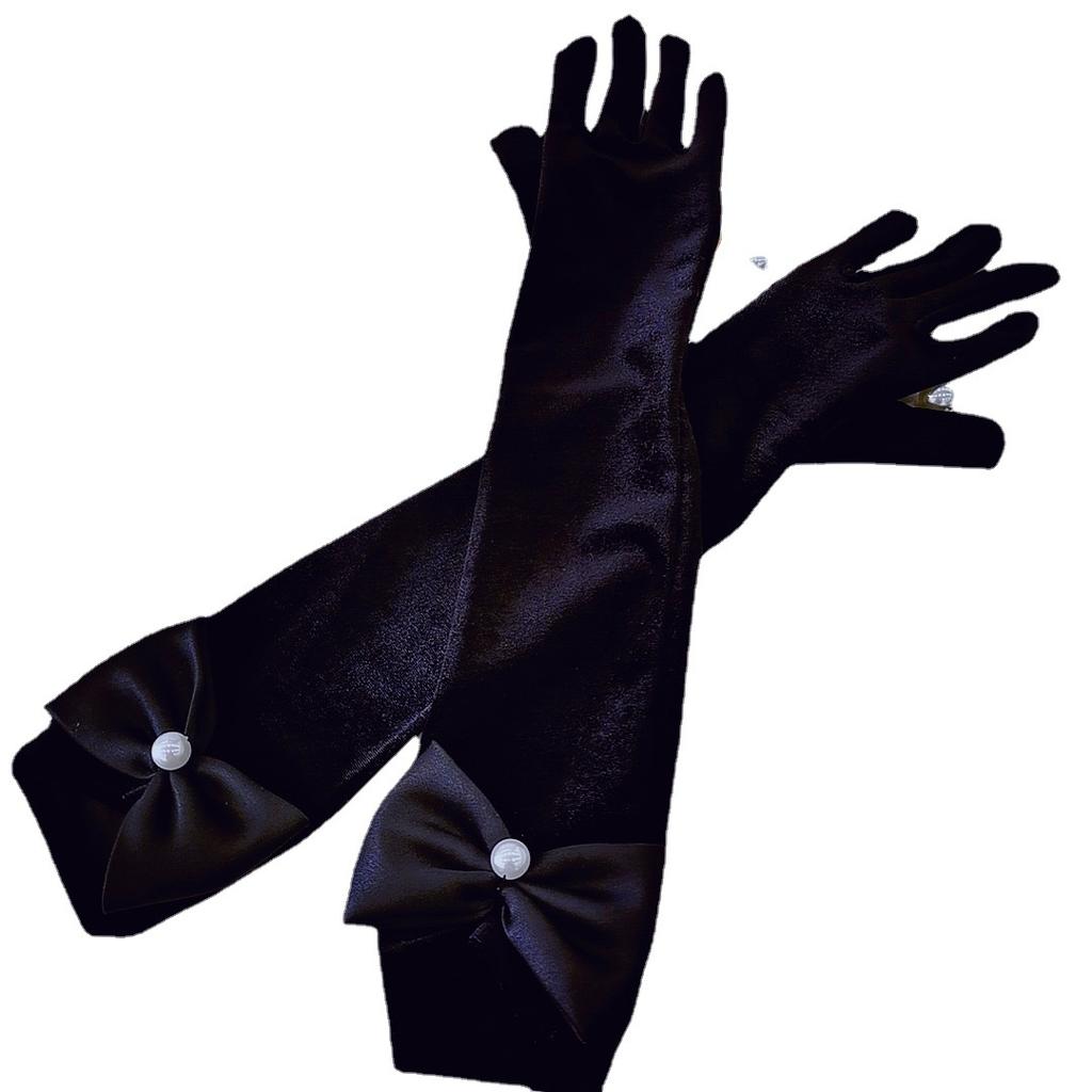 Autumn and Winter Velvet Long Gloves Black Dress Wedding Ball Bridal Etiquette Dinner Performance Party Gloves
