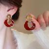 Red Bow Coin Purse Earrings: Silver Needle Retro Snake Lock Studs, New Year High-End Ear Jewelry.