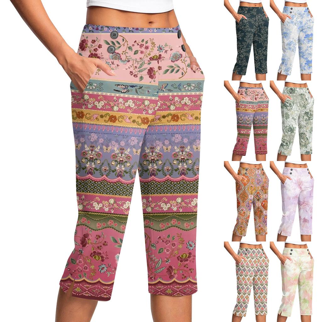 Women's Vintage Floral Print Button Pocket Trousers Slit High Waist Sports Yoga Casual Pants