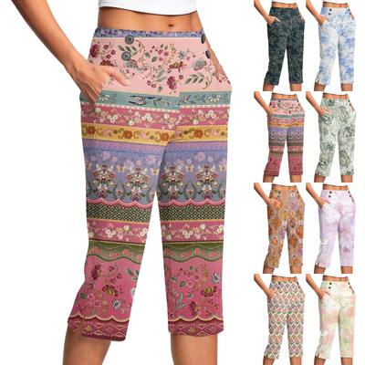 Pantaloni de damă vintage cu imprimeu floral, buzunar cu nasture, crăpătură, talie înaltă, pantaloni sport, yoga, casual