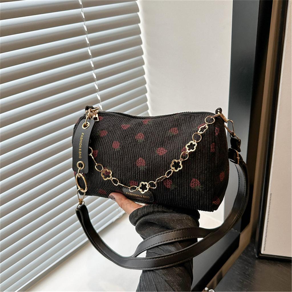 Strawberry Printed Mini Crossbody Bag for Women Fashion Corduroy Underarm Bag Student Travel Handbag