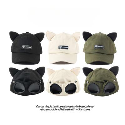Cute Cat Ear Baseball Cap with Goggles, Novelty Aviator Pilot Hat, Kawaii Oversized Cat Ear Dad Hat, Funny Adjustable Sun Hat for Men Women