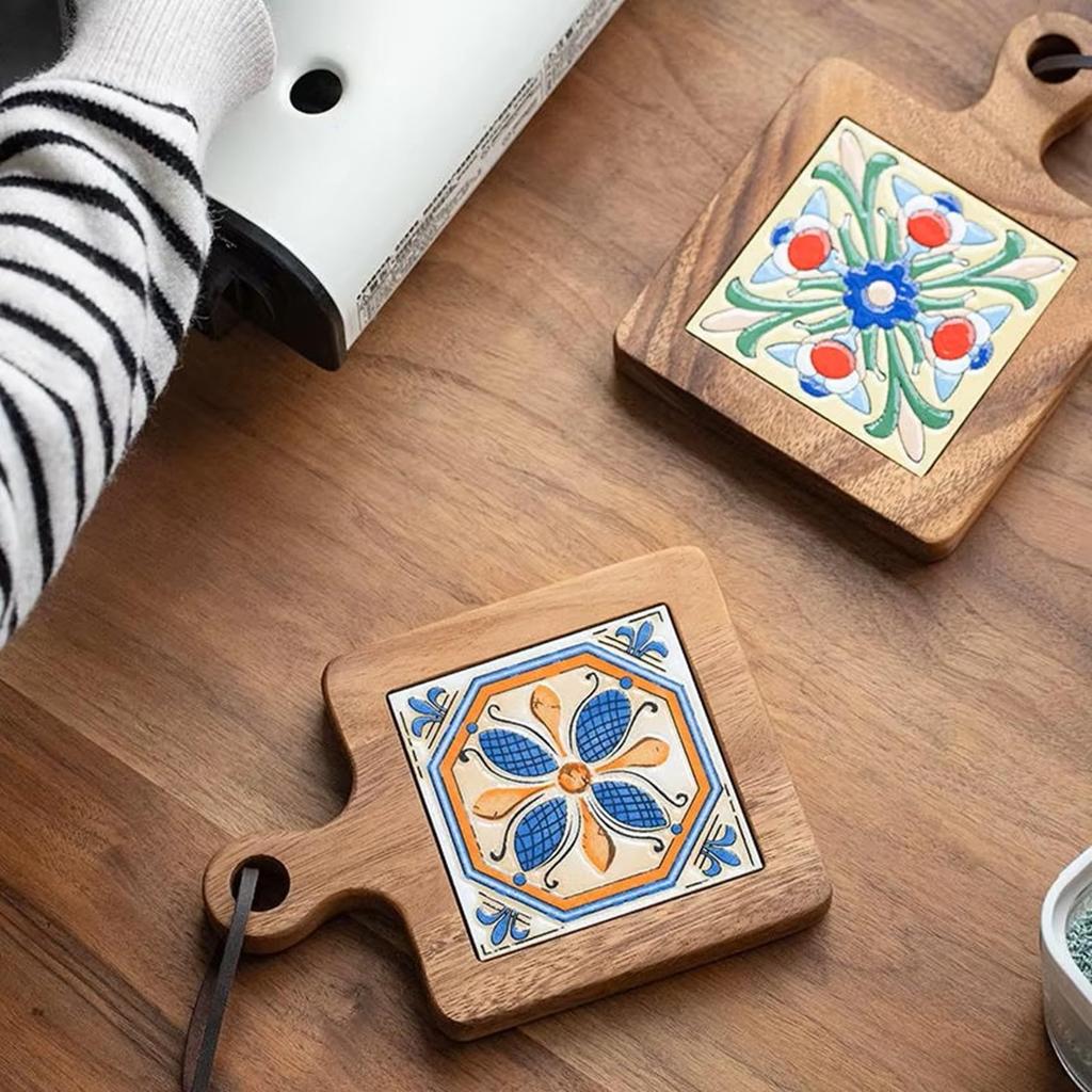 NOELAMOUR Stylish Wooden Pot Holder, Heat-Resistant Tile, Nordic Design, Insulated Pot Mat, Coaster, for Restaurants, Cafes, and Camping (Style A)