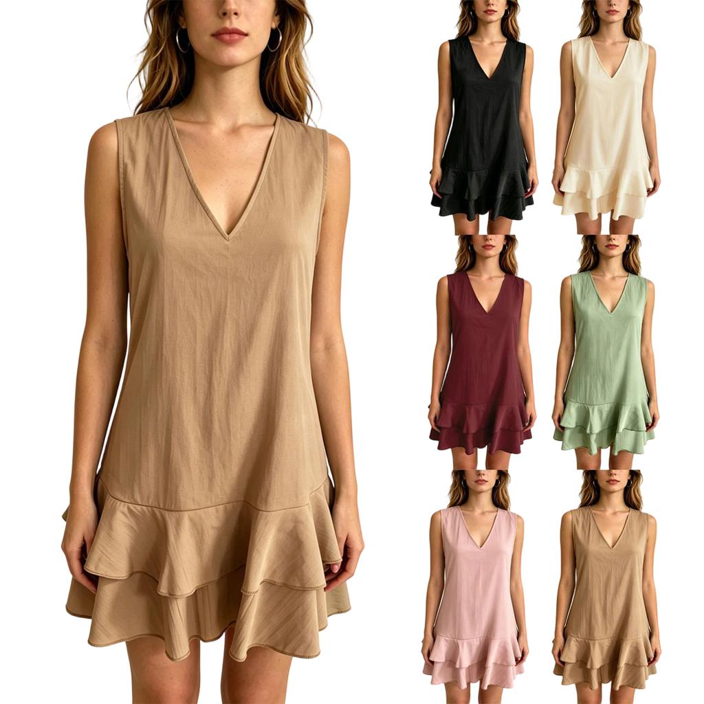 Women's Sleeveless V Neck Dress Summer Casual Comfortable Ruffle Hem Loose Fit Lightweight Layered Mini Dress