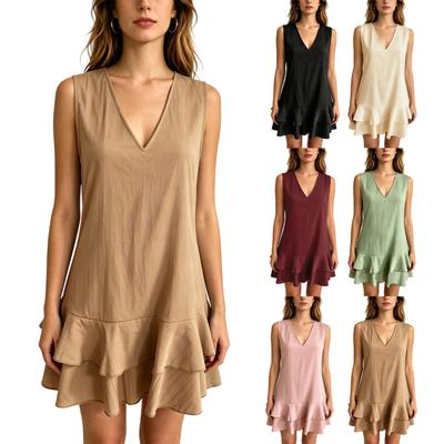 Women's Sleeveless V Neck Dress Summer Casual Comfortable Ruffle Hem Loose Fit Lightweight Layered Mini Dress
