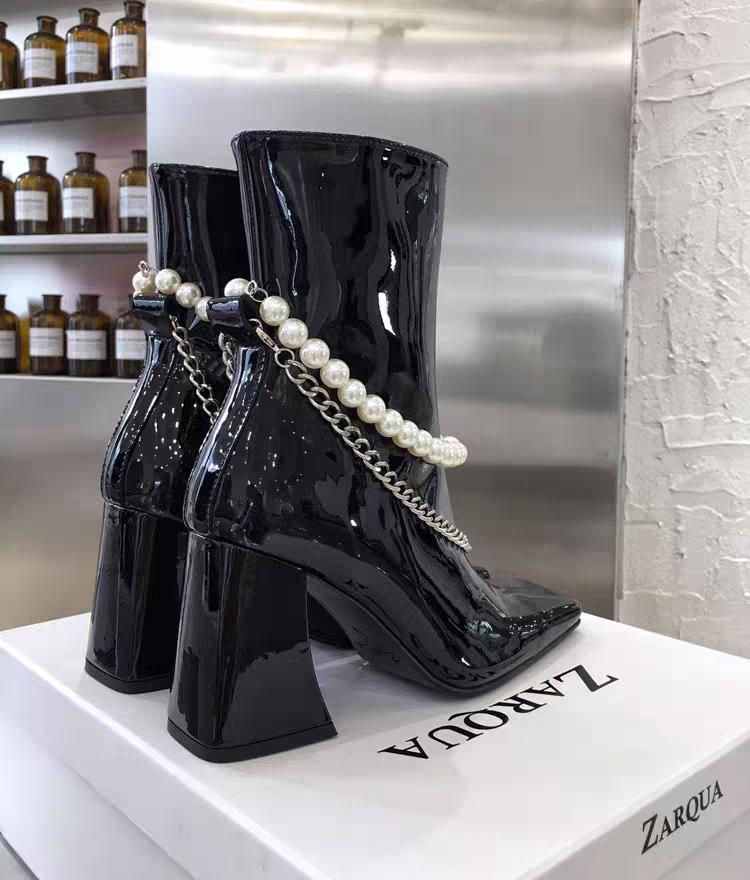 Aphixta 7.5cm High Heel Ankle Boots Square Toe Luxury Pearl Metal Chain Dec Patent Leather Women Shoes Elegant Ankle Boots