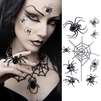 3D Halloween Temporary Tattoos Waterproof Spider-themed Halloween Face Rhinestone Sticker Black Body Face Jewels