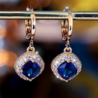 1 Pair Geometric Square Blue Zircon Drop Earrings for Women Charm Gold Color Wedding Jewelry