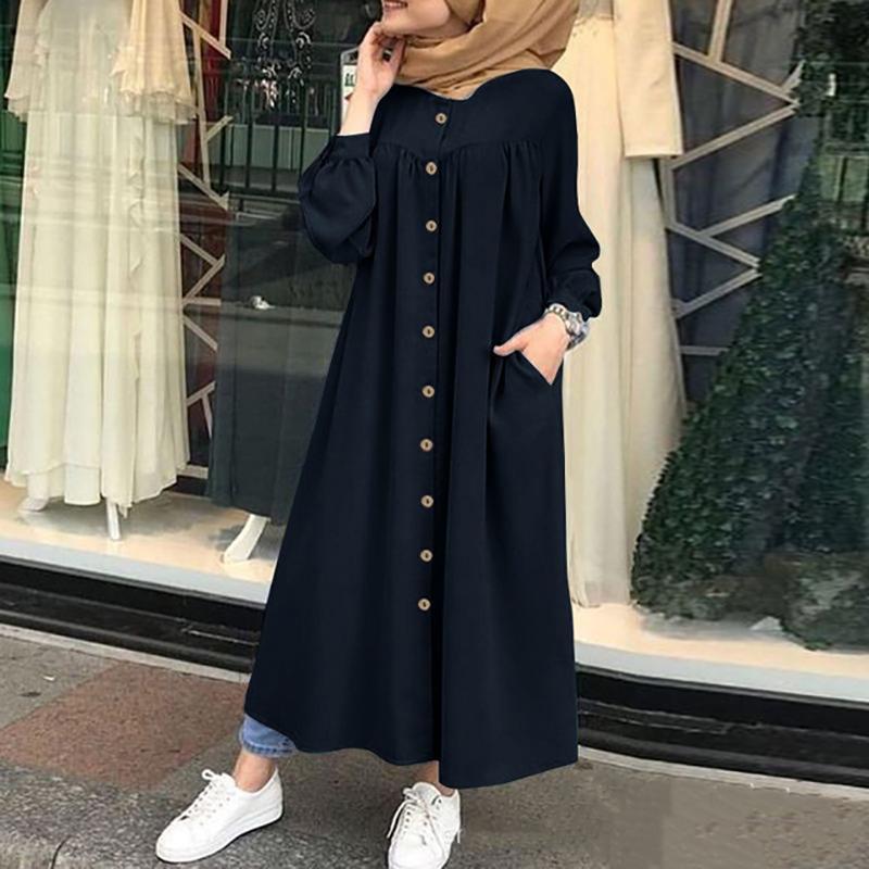 Musulmani Vestiti Abiti da donna Camicia a maniche lunghe in tinta unita Abito Tasca casual Abito Musulman Dubai Abiti musulmani caftano musulmano