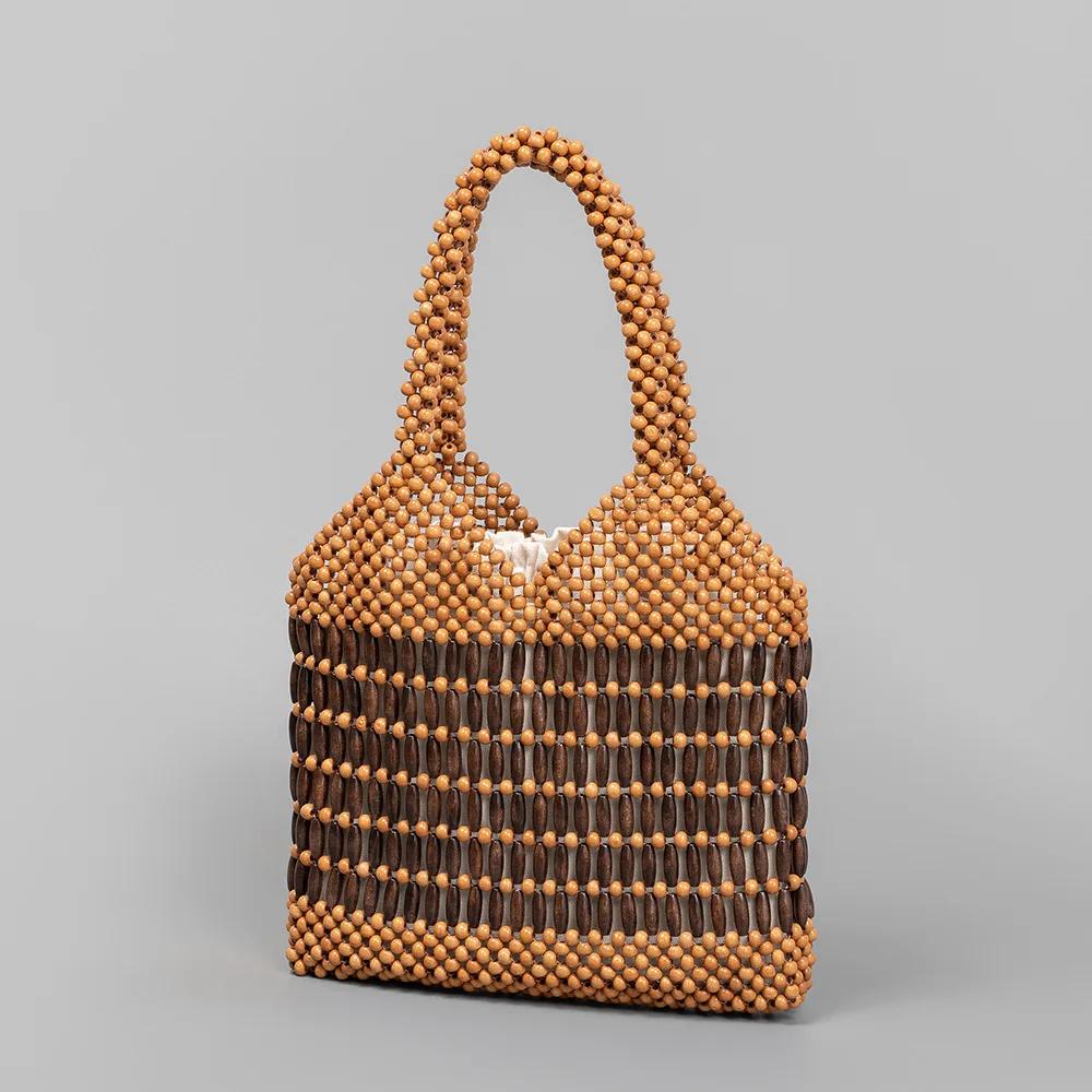 

Fashion Hand-knitted Hollw Out Clutch Bead Woven Purse and Handbags Vintage Patchwork Shoulder Bag Female Summer Beach Totes Sac 30x3x30cm