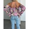 YYFS Women's Fashion Casual Summer Spring Flower Pattern Print Long Sleeve One Shoulder Blouses & Shirts