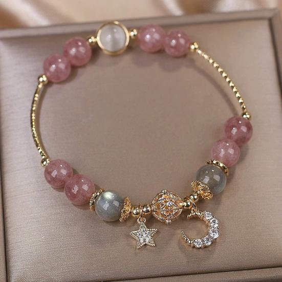 1 Pair Women Bracelet Smooth Bead Faux Agate Polished Star Moon Pendant Rhinestone Adjustable Shopping Work Party Dating Wrist Chain Lady Jewelry