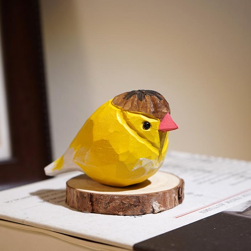 Hand Carved Wooden Bird Cute Sparrow Parrot Chickadee Animal Desktop Decor Original Wood Style