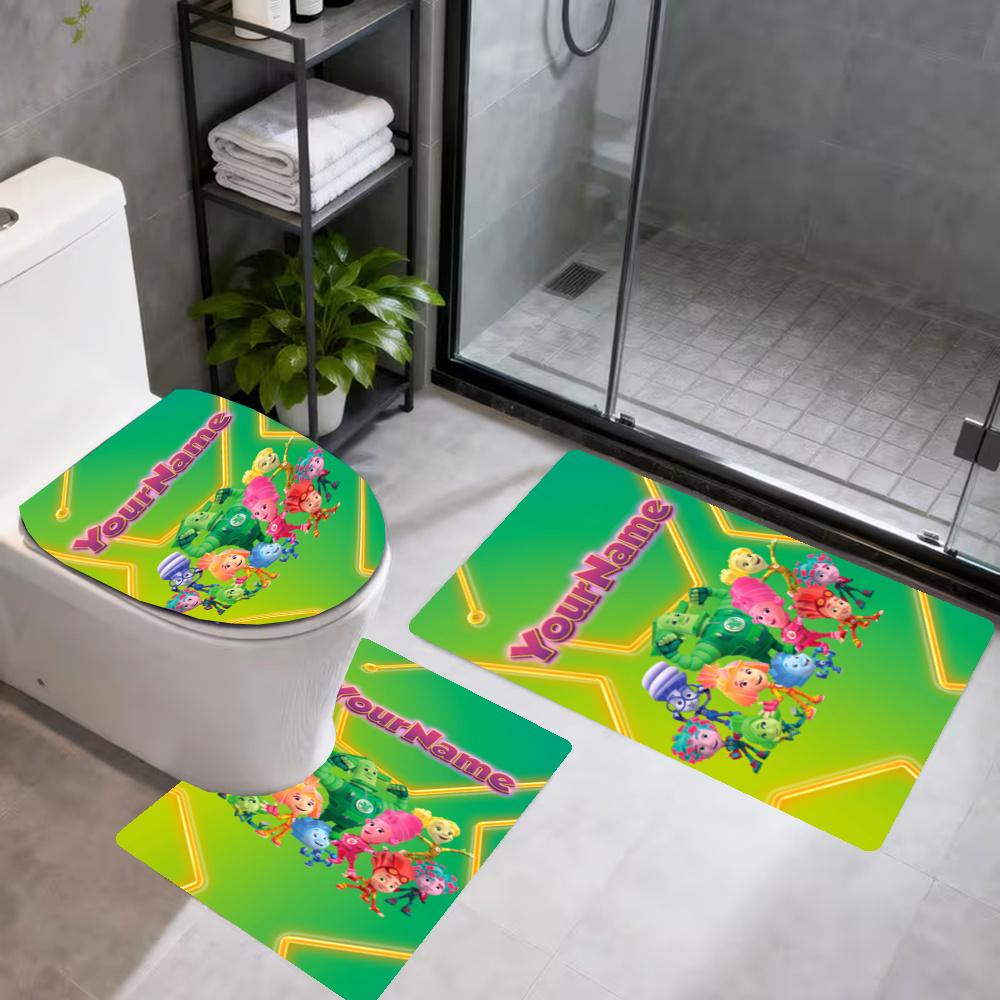 Fixies Customize Your Name Bathroom 3Piece Flannel Mat Set Bath Mat Set Toilet Coverushaped Foot Pad Gift Bathroom Decor