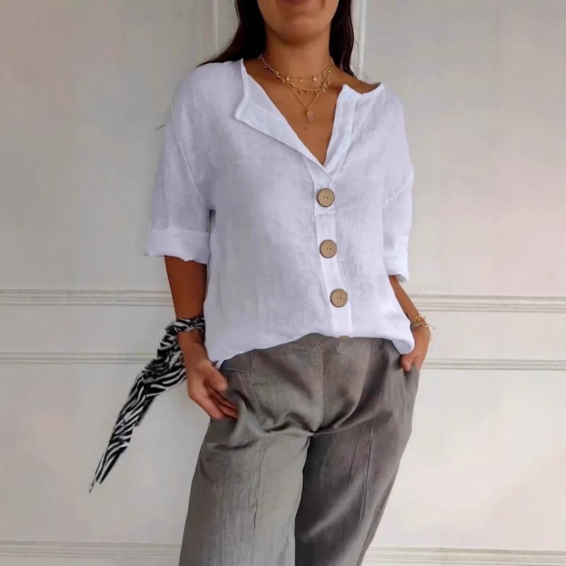Fashion New Loose Casual Shirt Plus Size Summer and Autumn Women's V-neck Buttons T-shirt Elegant Solid Color Simple Top Woman Basic Sweet Blouse