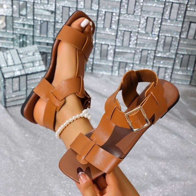 Retro Beach Women's Sandals with Plus-size Buckle Cutout Flat Shoes