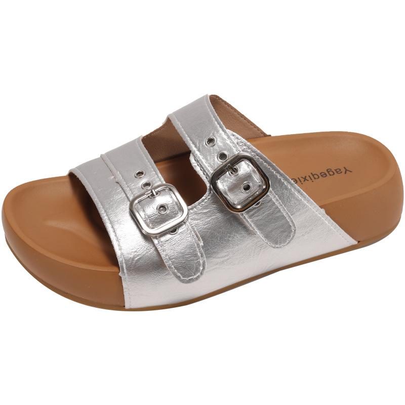 Silver Internet celebrity retro platform slippers women 2025 summer new wear fashion versatile one-word drag Boken sandals