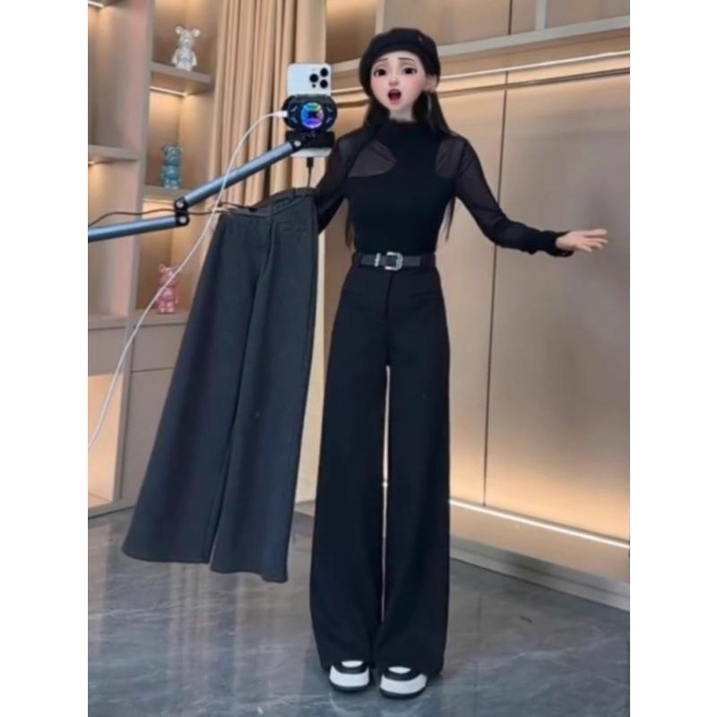 Women's Wool Wide-Leg Pants: Spring/Fall Loose Fit, Straight-Leg, Slimming Pockets with Velvet for Winter.