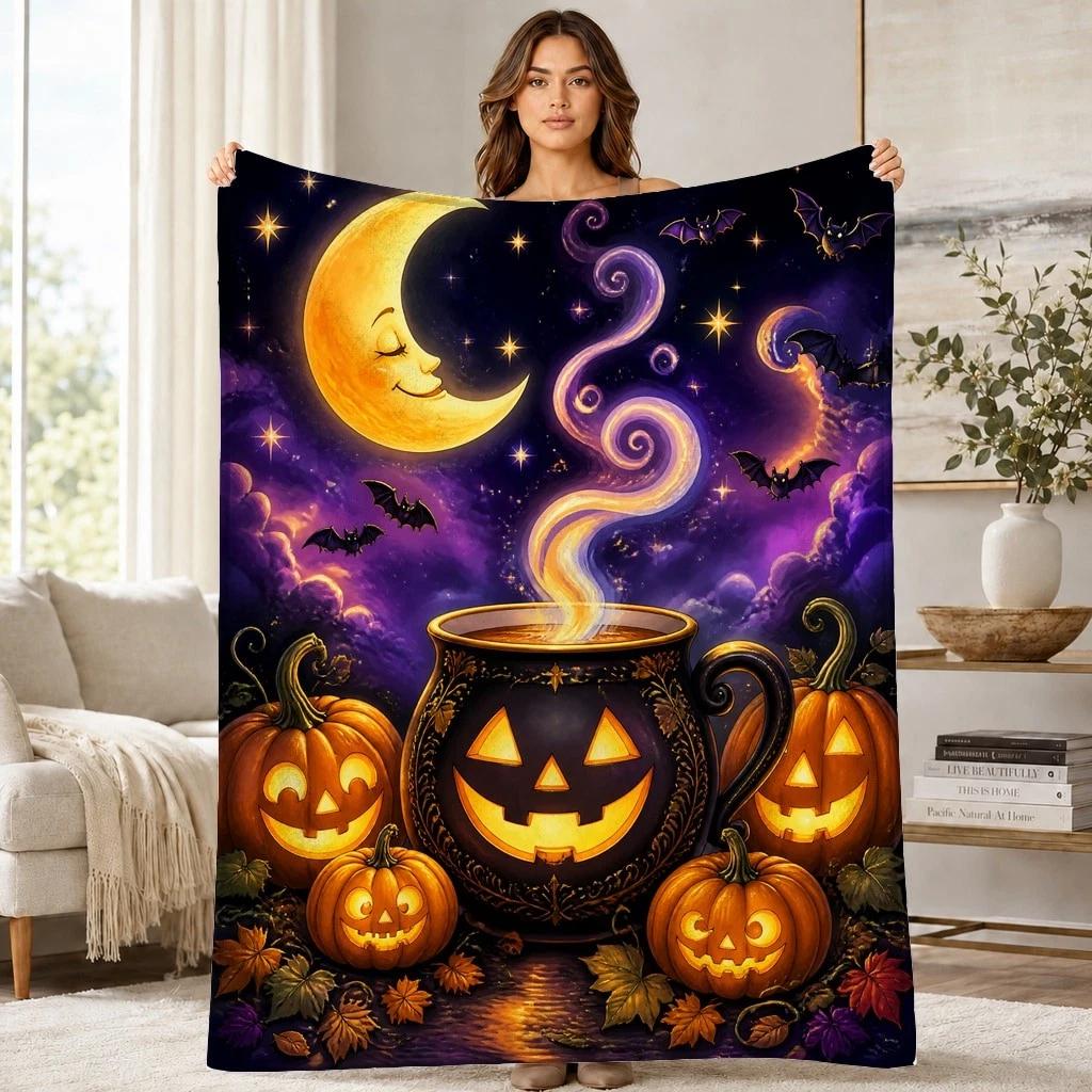 Jack O Lantern Crescent Moon Coral Fleece Blanket Halloween Decor