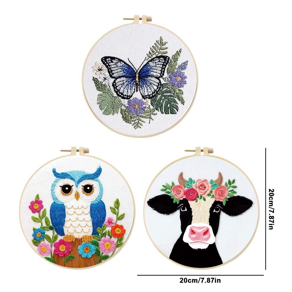 3 Pack Animal DIY Embroidery Starter Kit with Embroidery Hoop Needlework Craft 30x30cm for Beginners Gift for Craft Lovers