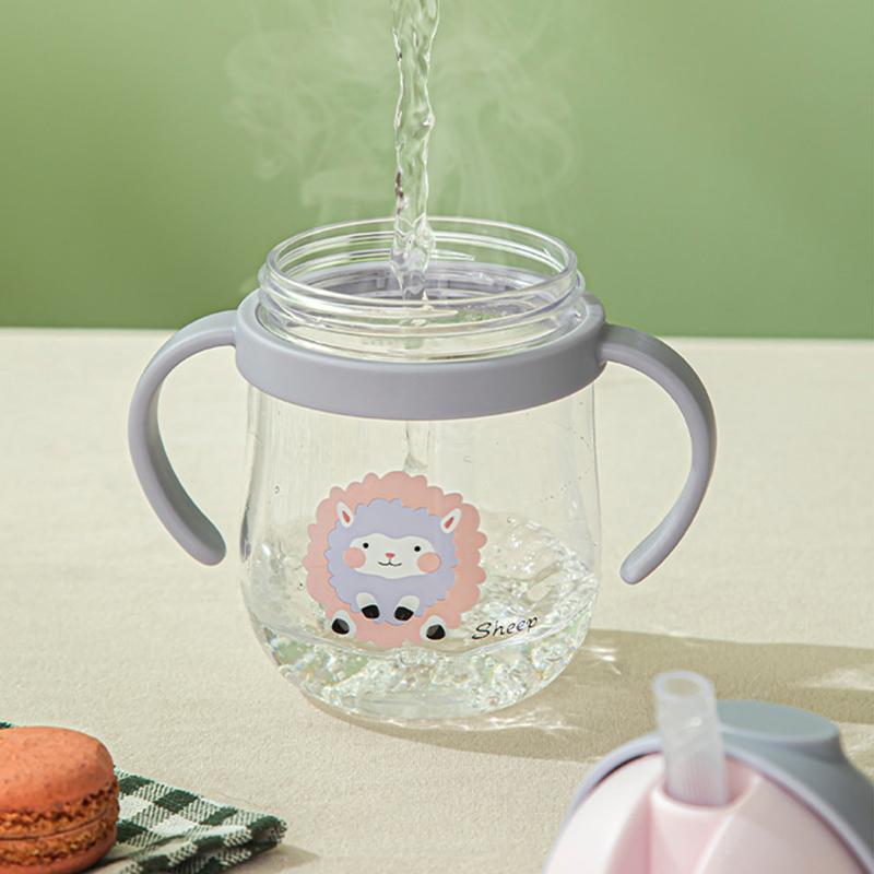 250Ml Cartoon Pattern Outdoor Child Drinking Bottle With Straw Baby Feeding Cup For Kids Training Portable Handle Water Bottle