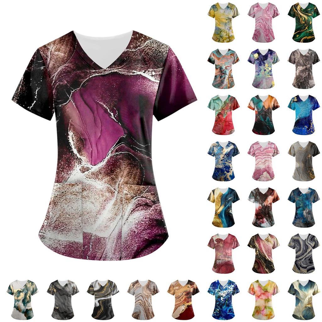 Women's Printing Short Sleeve V-neck Tops Working Uniform Pocket Blouse